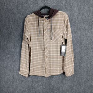 Tony Hawk‎ Flannel Hooded Shirt Mens Small White Cap Tan Plaid Cotton Logo